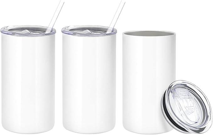 Three white 12oz  insulated tumblers with straws and a lid on a white background