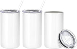 Three white 12oz  insulated tumblers with straws and a lid on a white background