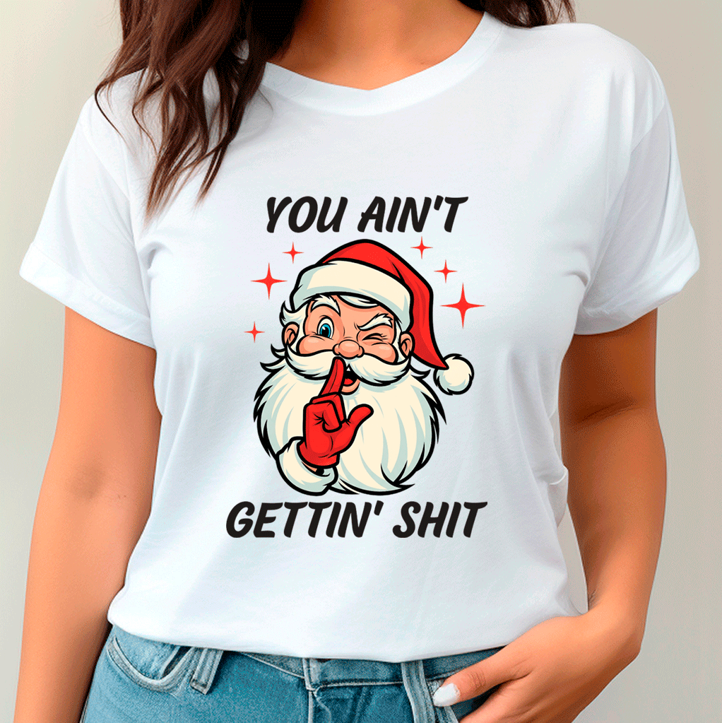 White t-shirt with a graphic of Santa Claus and text on a plain background