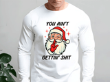 White long-sleeve shirt with a graphic of Santa Claus and text on a plain background
