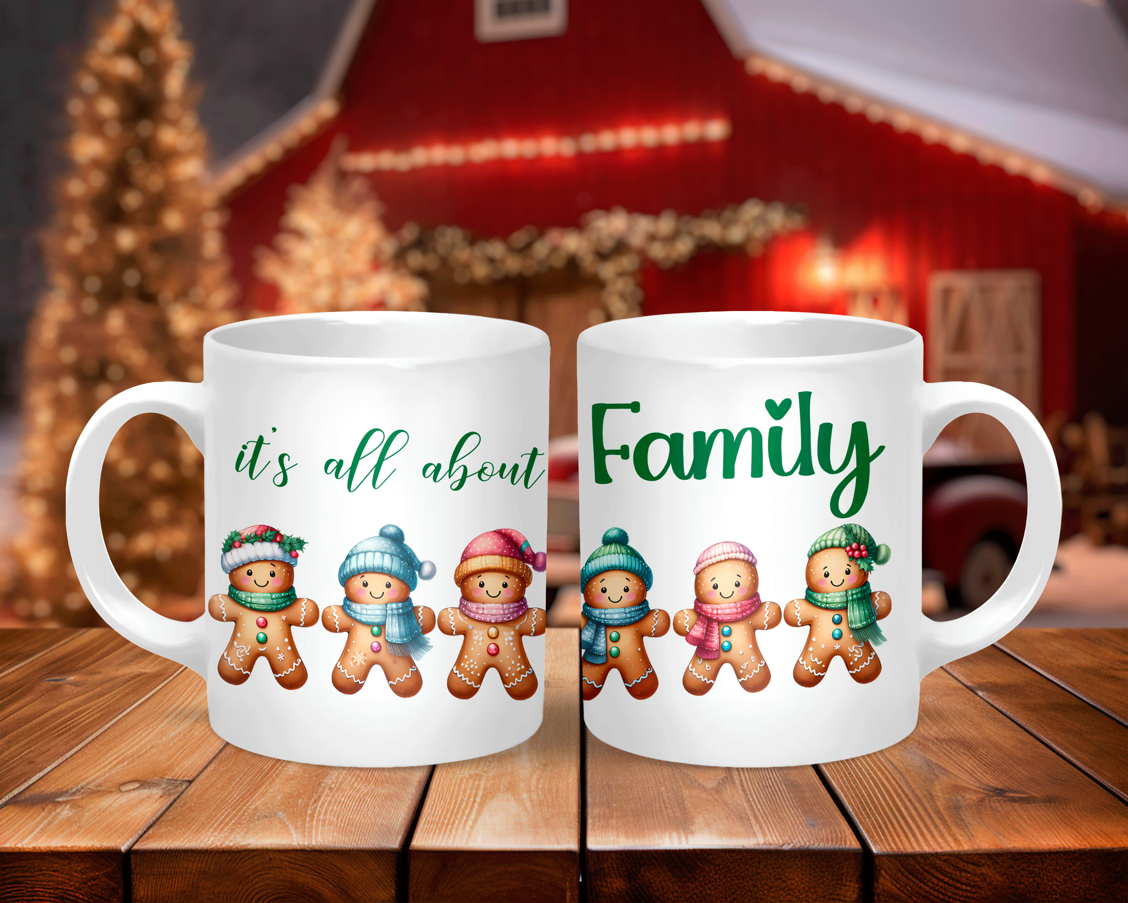 Two white mugs with Christmas-themed designs on a wooden surface.