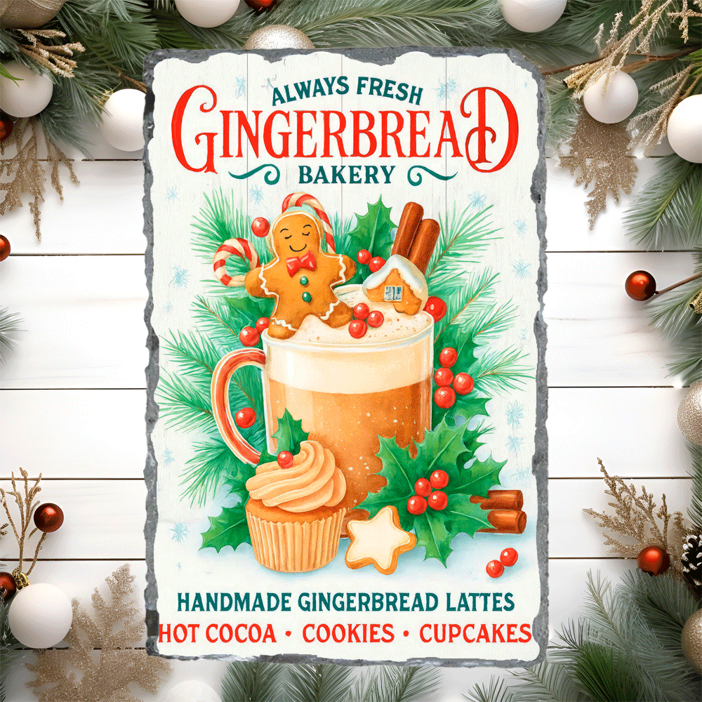 Advertisement for Gingerbread Bakery with gingerbread man, cup of hot chocolate, and festive decorations on a white background.