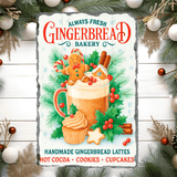 Advertisement for Gingerbread Bakery with gingerbread man, cup of hot chocolate, and festive decorations on a white background.