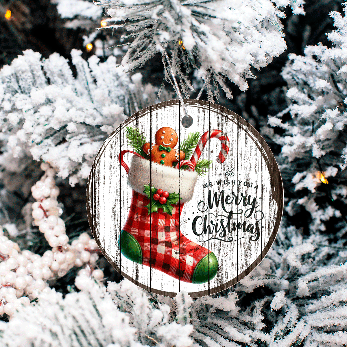 Antique Wooden Christmas Set 3 Sublimated Ceramic Ornament 3" Set Of 5