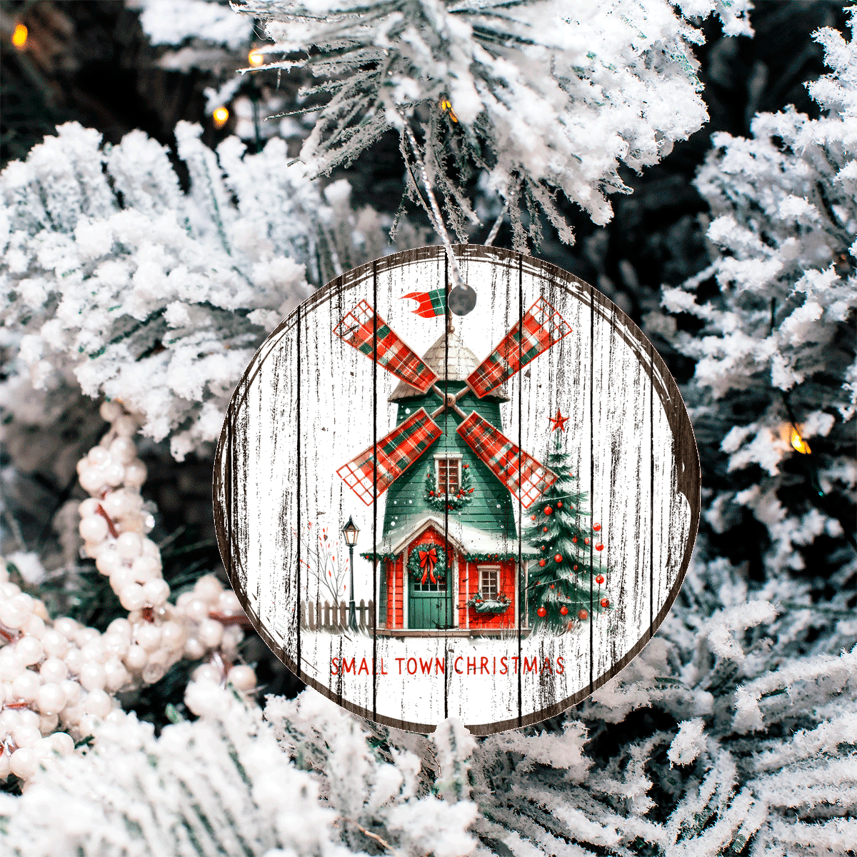 Antique Wooden Christmas Set 3 Sublimated Ceramic Ornament 3" Set Of 5