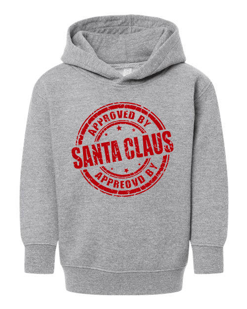 Gray hoodie with 'Approved by Santa Claus' text on a white background