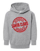 Gray hoodie with 'Approved by Santa Claus' text on a white background