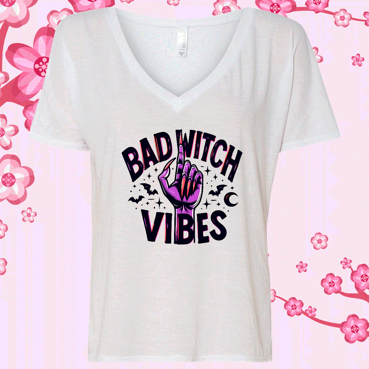 Bad Witch Vibes Halloween Sublimated Graphic Ladies V-neck T-shirts