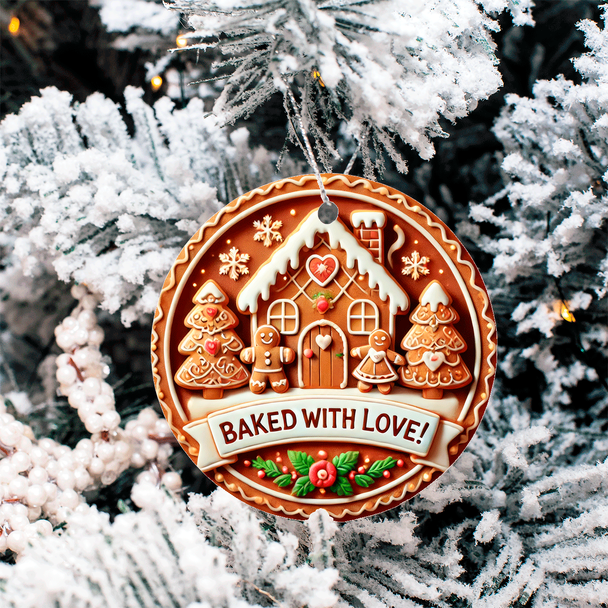 Baked With Lover Gingerbread Christmas Sublimated Ceramic Ornament 3" Set Of 4