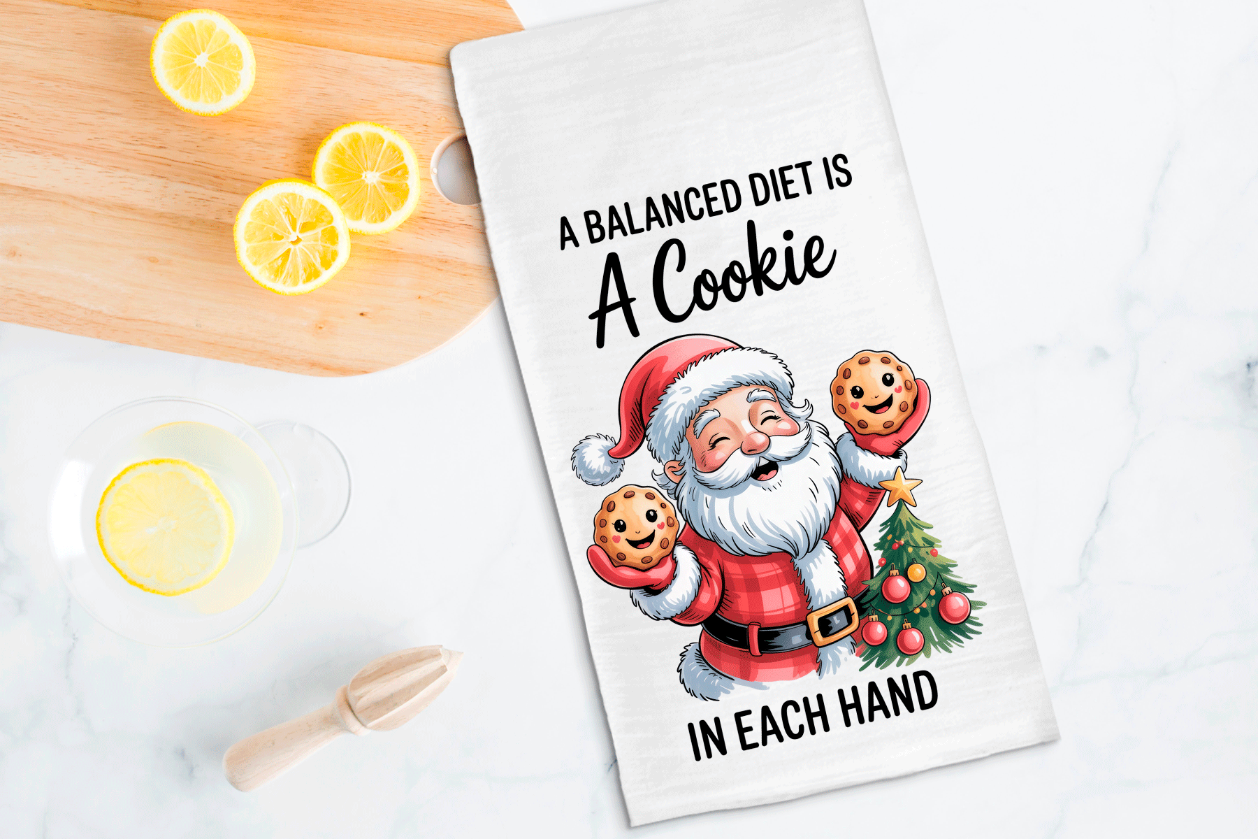 Kitchen towel with Santa Claus design and humorous text on a wooden cutting board with lemons.
