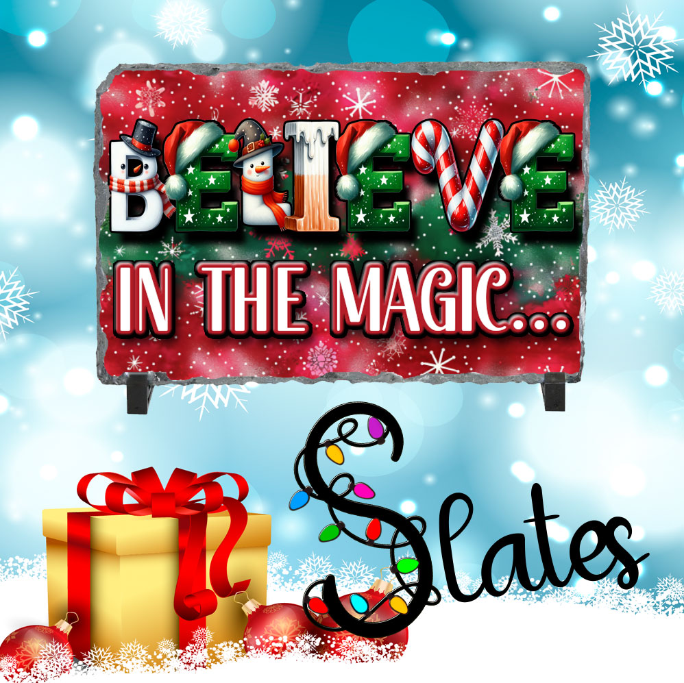 Christmas-themed sign with 'Believe in the Magic' text, presents, and snowflakes on a blue background.