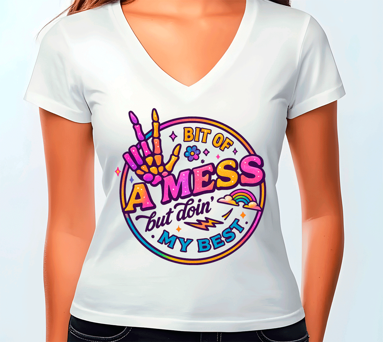 White t-shirt with colorful graphic design and text on a plain background