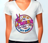 White t-shirt with colorful graphic design and text on a plain background
