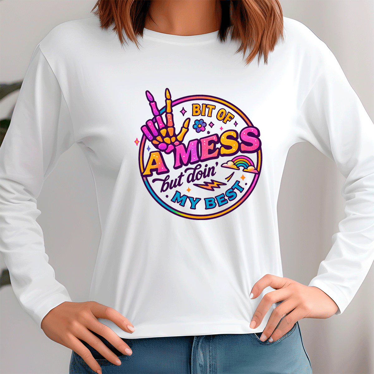White sweatshirt with colorful graphic design and text on a plain background