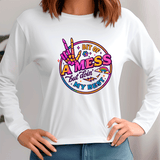 White sweatshirt with colorful graphic design and text on a plain background