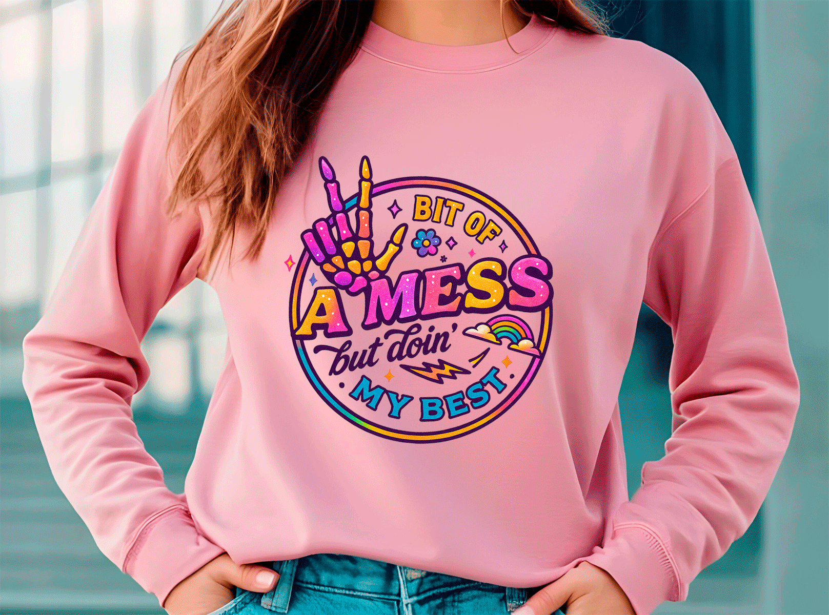 Person wearing a pink sweatshirt with colorful graphic design and text.
