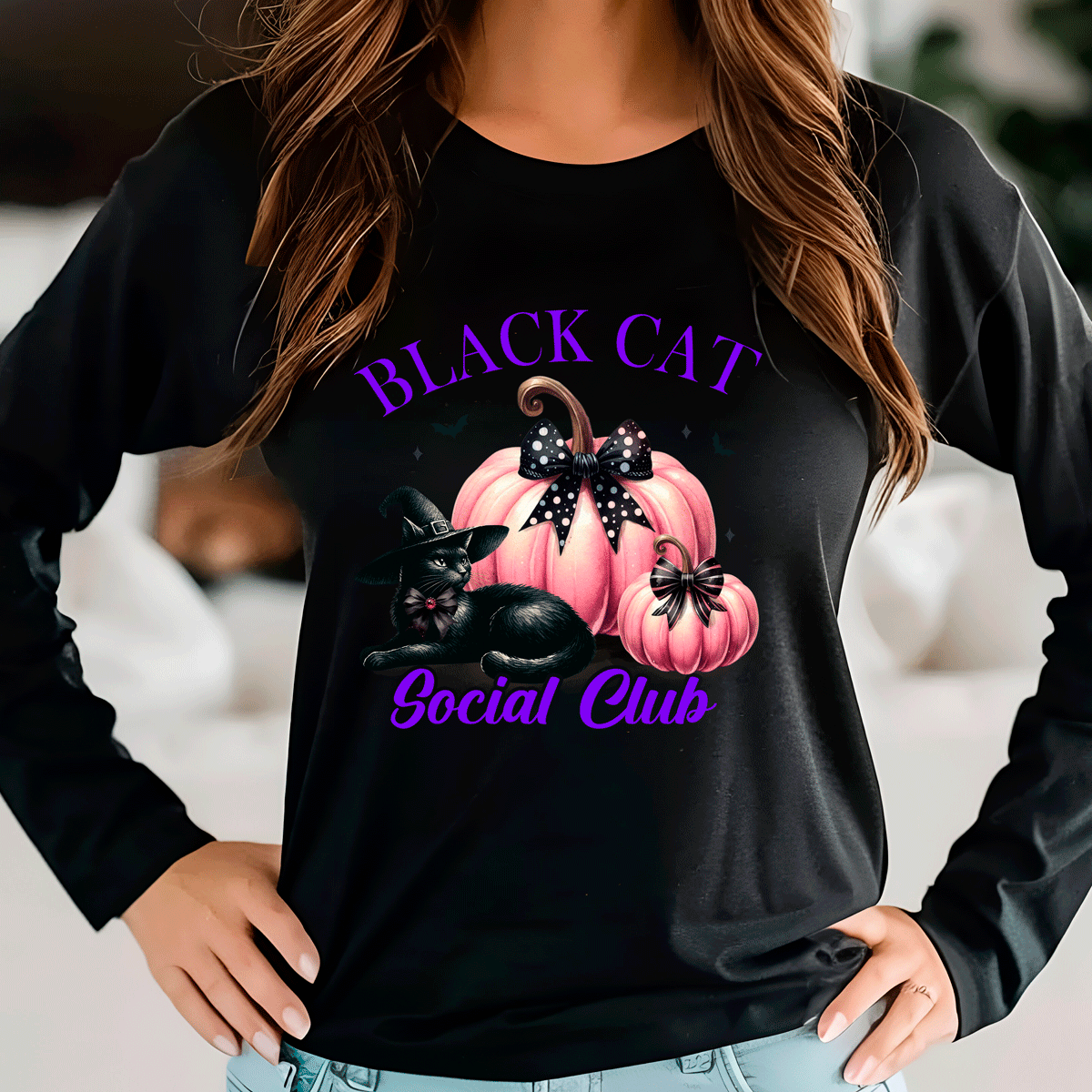 Black Cat Social Club Halloween HTV Graphic Ladies Long Sleeve T-shirts