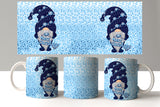 Set of mugs and a decorative panel with Christmas-themed gnomes on a blue snowflake pattern.