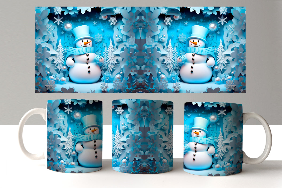 Set of mugs with snowman design on a white background