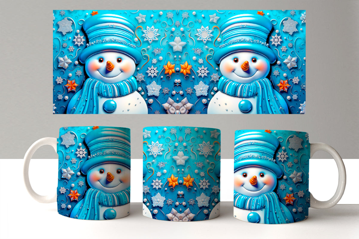 Set of mugs with snowman design on a blue background