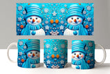 Set of mugs with snowman design on a blue background