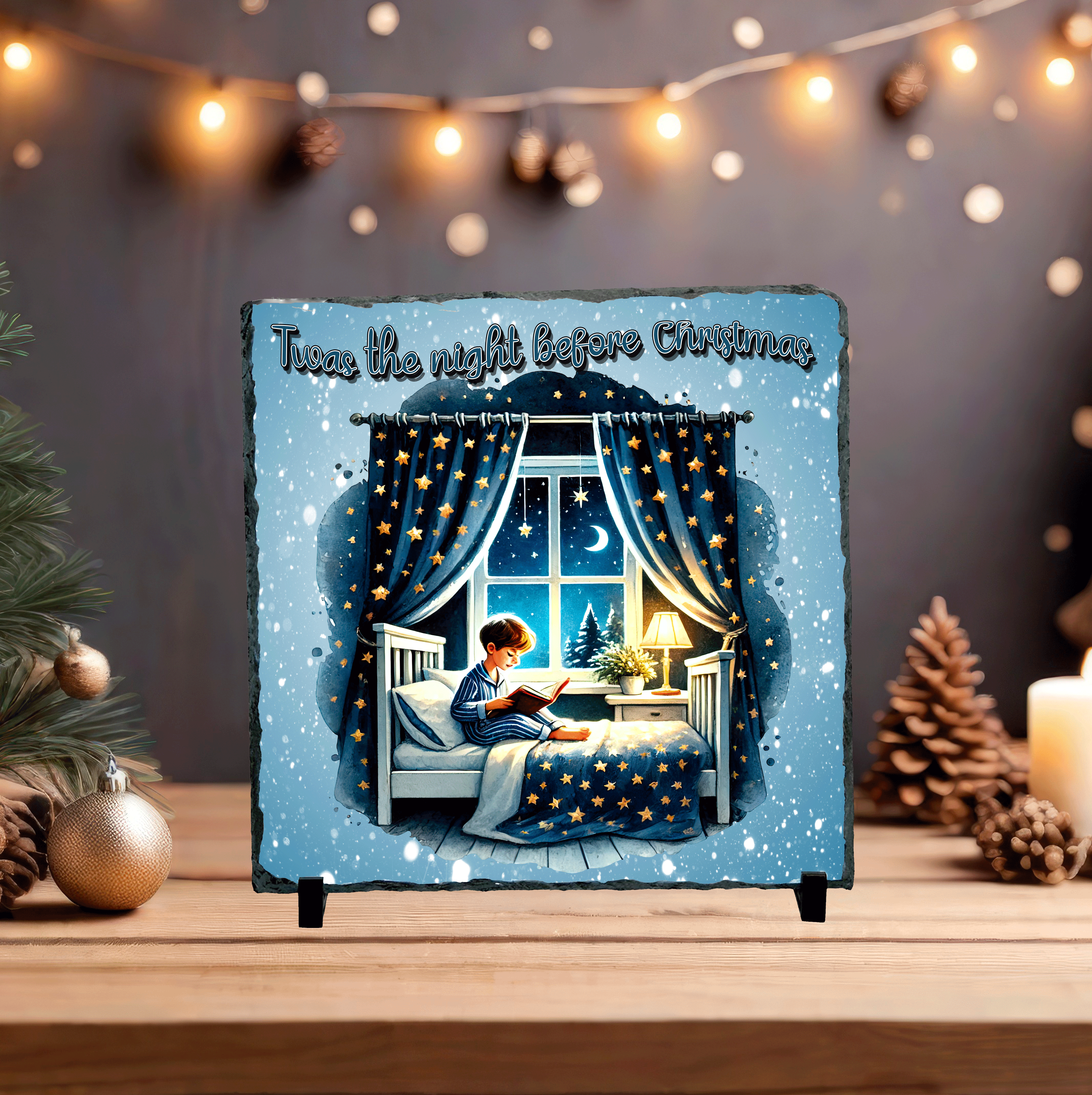 Decorative plaque with a Christmas scene of a child reading by a window, surrounded by festive decorations.