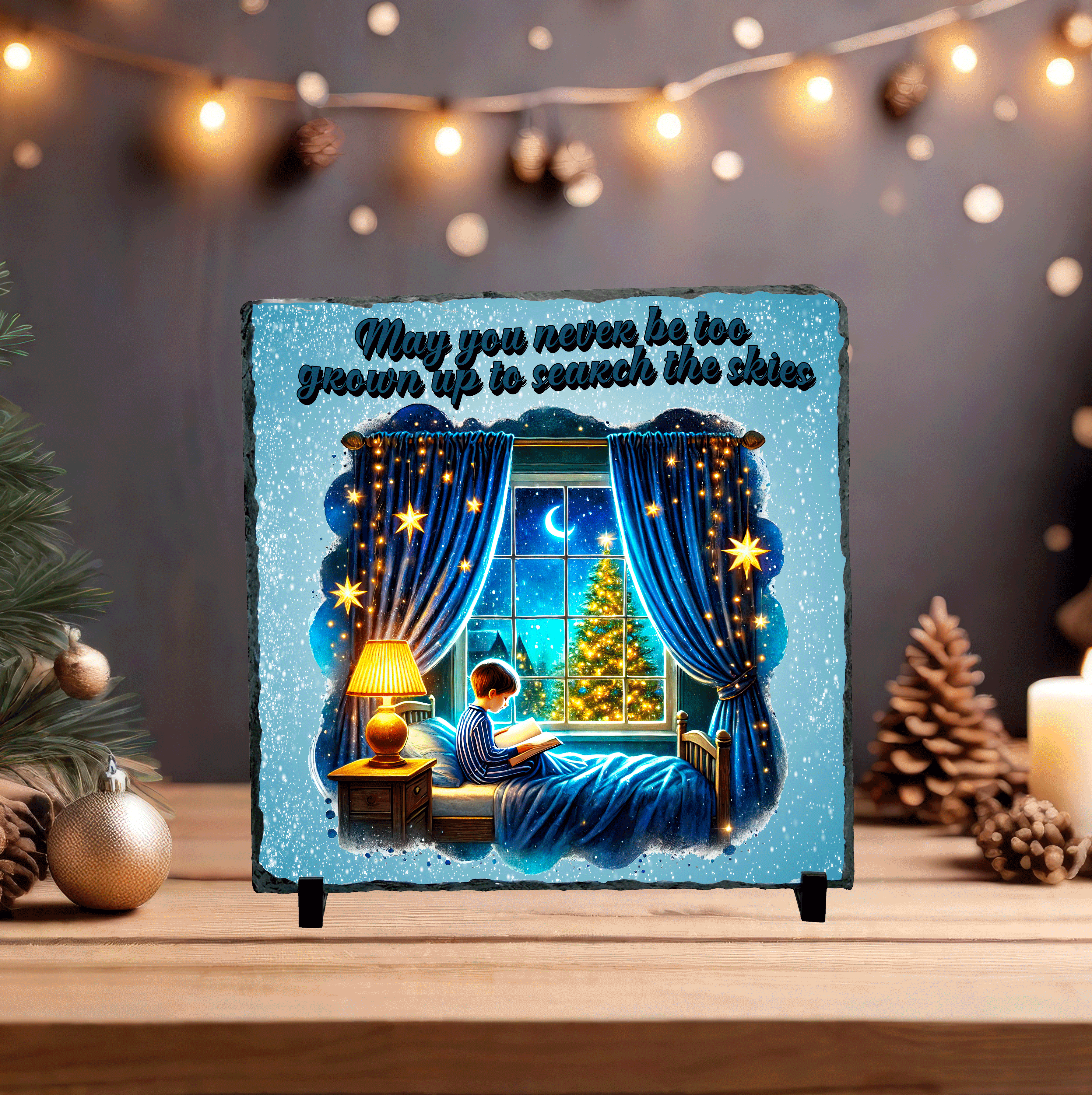 Decorative plaque with a child by a window, Christmas tree, and festive lights on a stand.