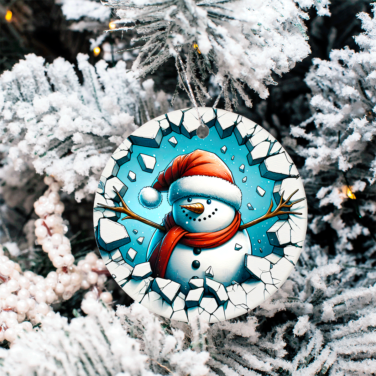 Decorative snowman ornament on a Christmas tree with cracked ice design.