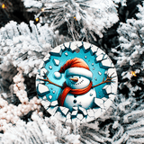 Decorative snowman ornament on a Christmas tree with cracked ice design.
