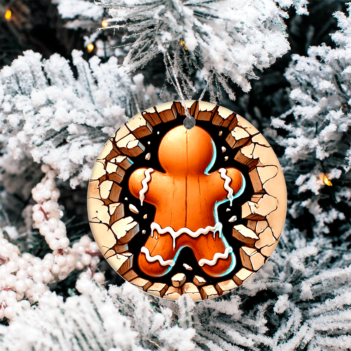 Decorative gingerbread man ornament on a snowy tree branch