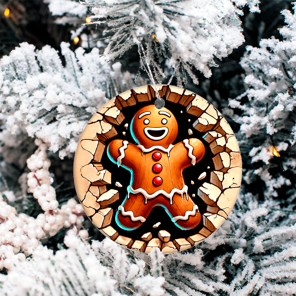 Decorative gingerbread man ornament on a snowy tree branch
