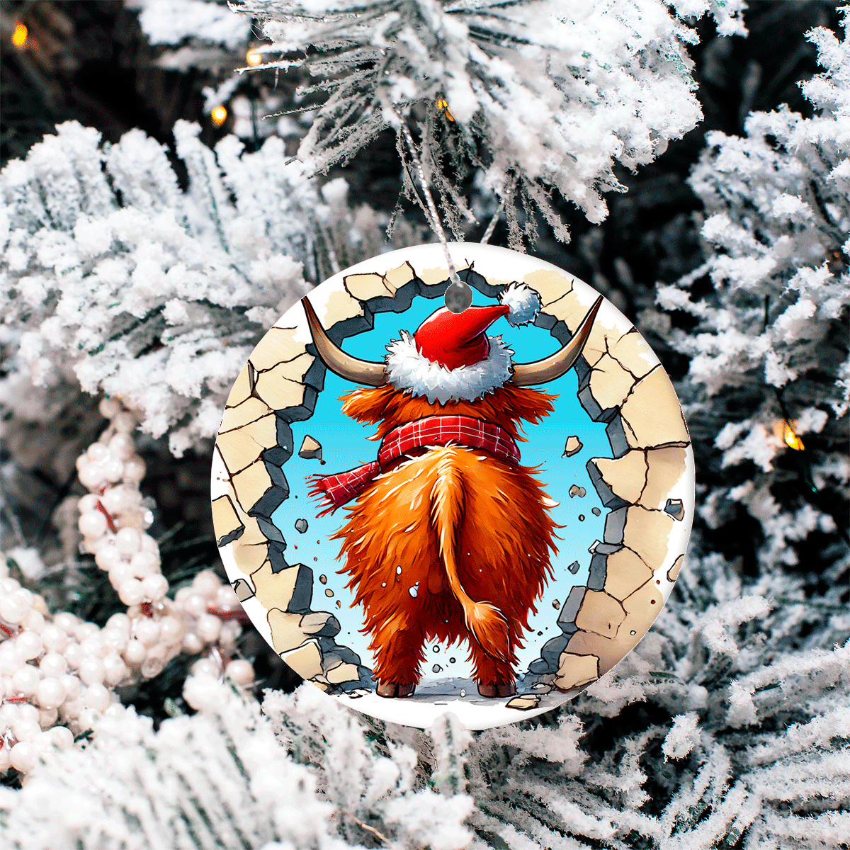 Round Christmas ornament with a bull wearing a Santa hat and scarf, hanging on a snowy tree.