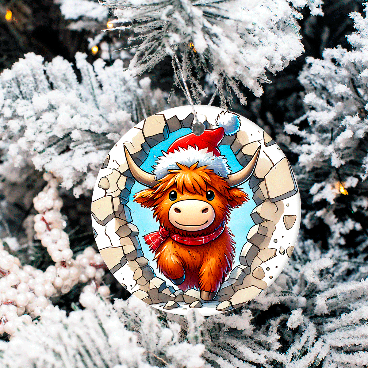 Decorative ornament with a cartoon Highland cow wearing a Santa hat on a snowy tree background