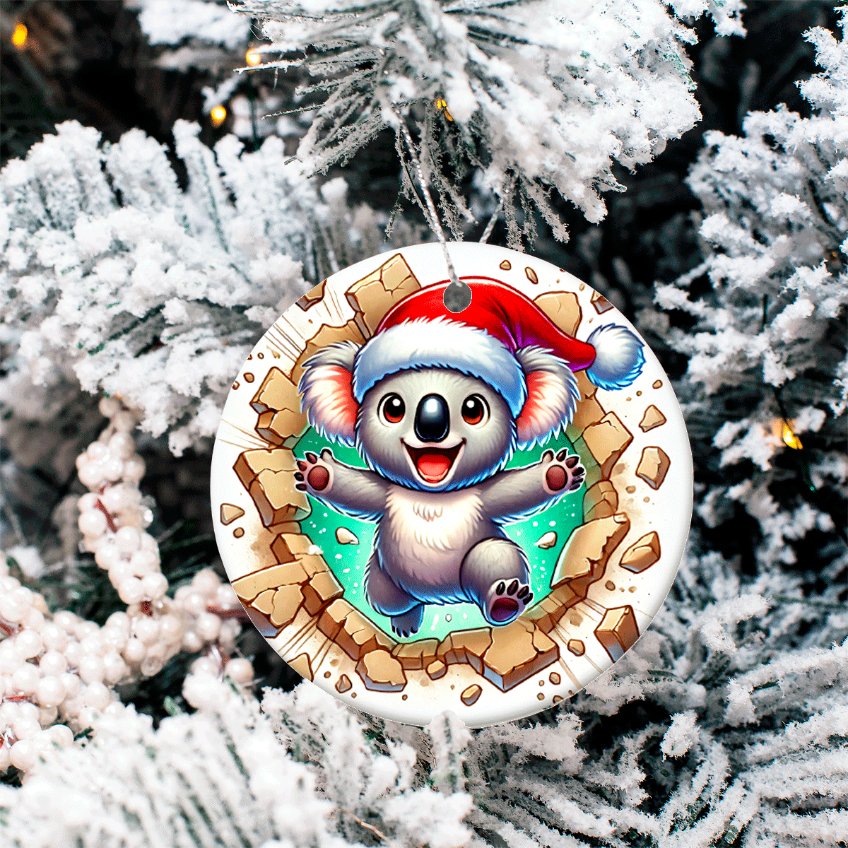 Christmas ornament with a koala wearing a Santa hat on a snowy tree background