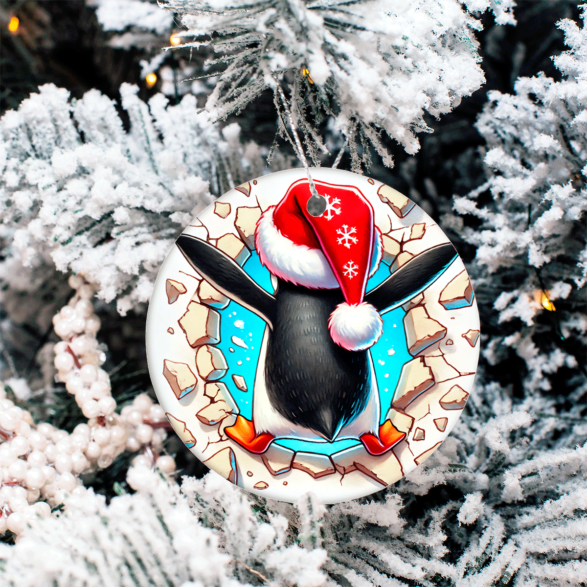Decorative penguin ornament with a Santa hat on a snowy tree branch