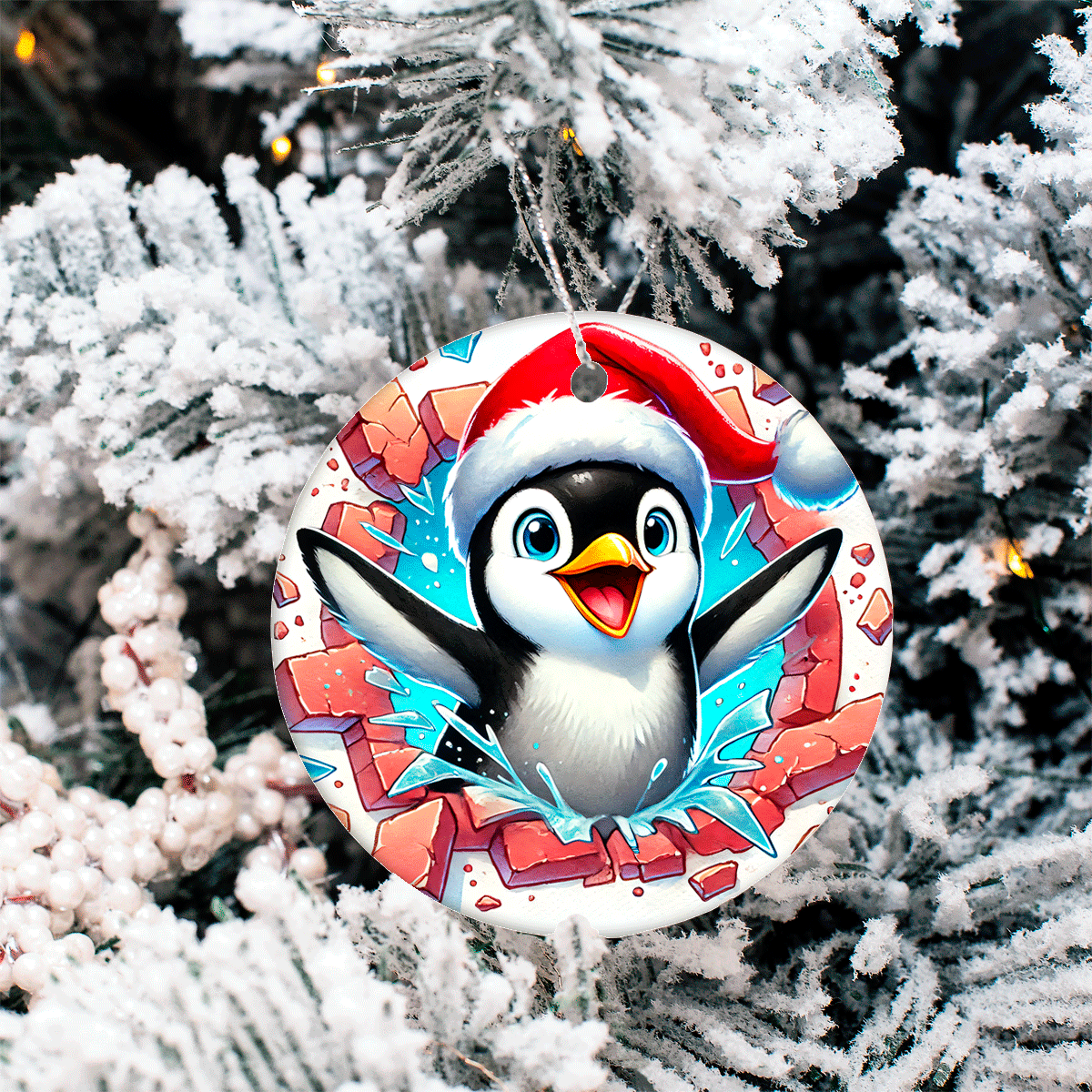 Decorative Christmas ornament with a penguin design hanging on a snow-covered tree.