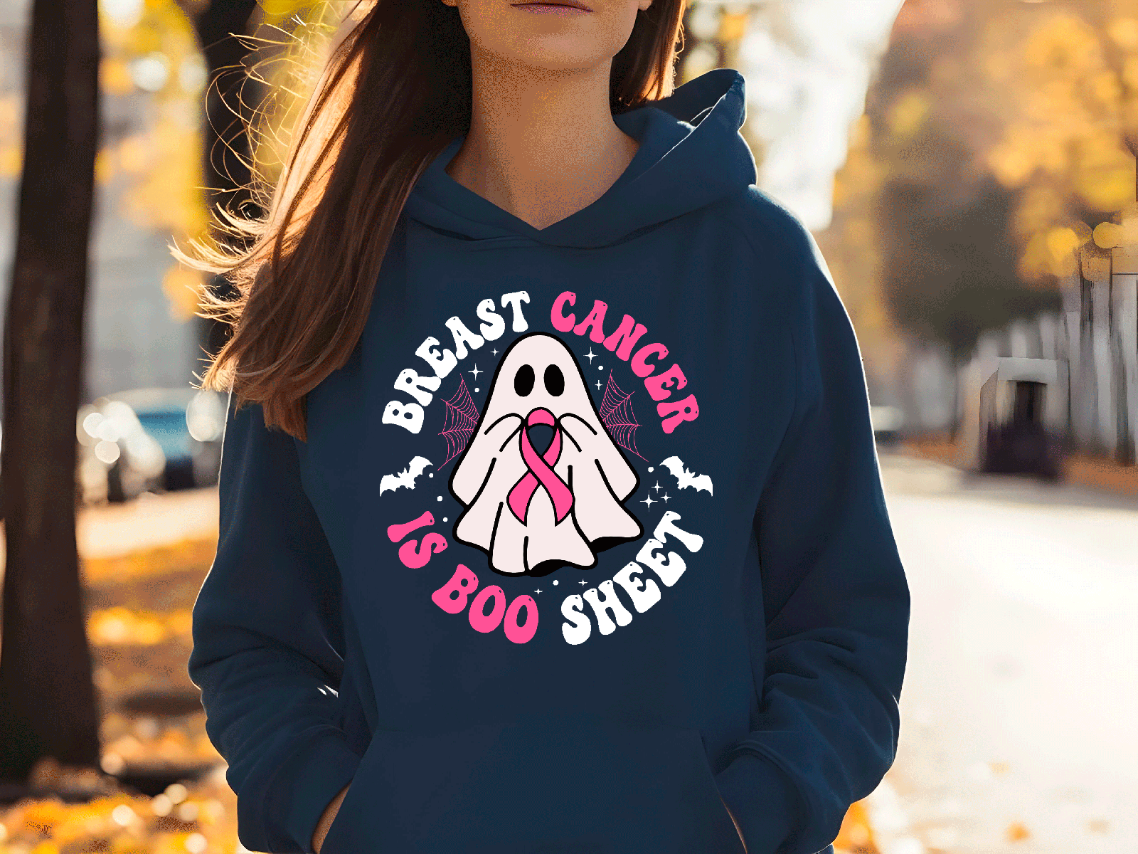 Breast Cancer Is Boo Sheet Halloween HTV Graphic Ladies Pullover Hoodies