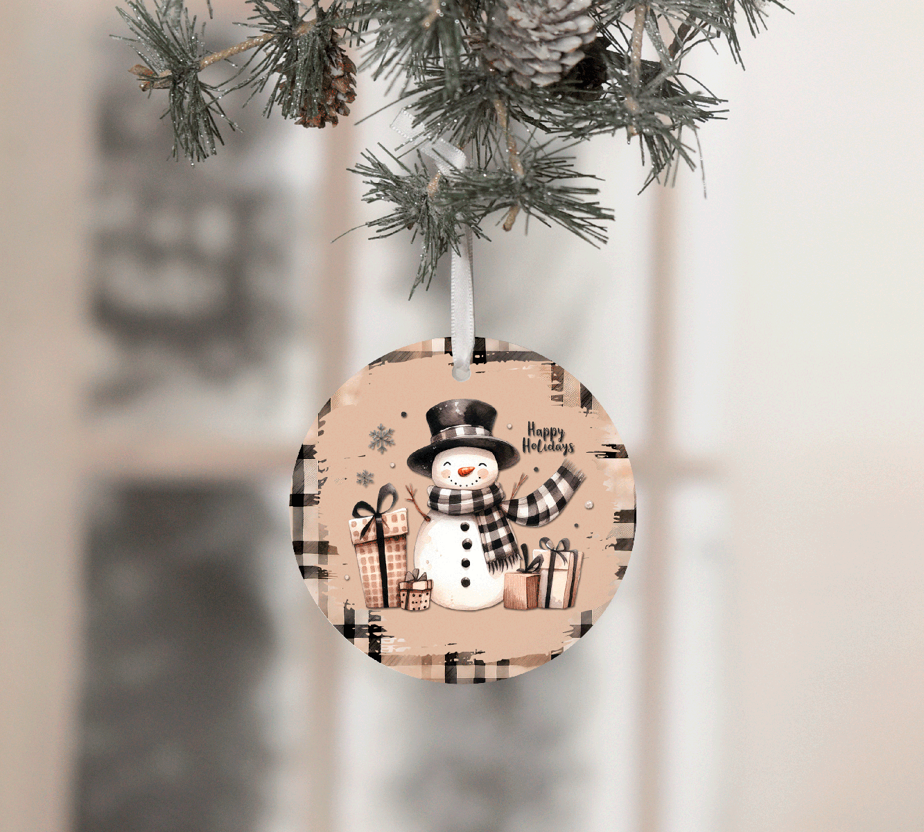 Natural Buffalo Plaid Snowman Christmas Sublimated Ceramic Ornament 3" Set Of 4