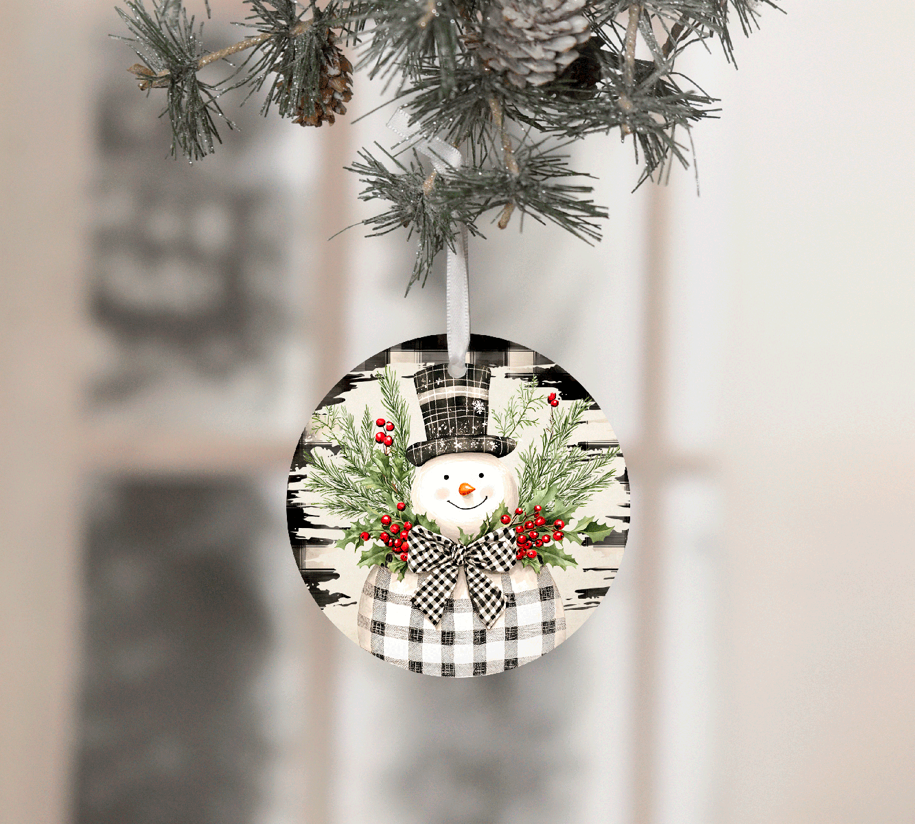 White Buffalo Plaid Snowman Christmas Sublimated Ceramic Ornament 3" Set Of 4