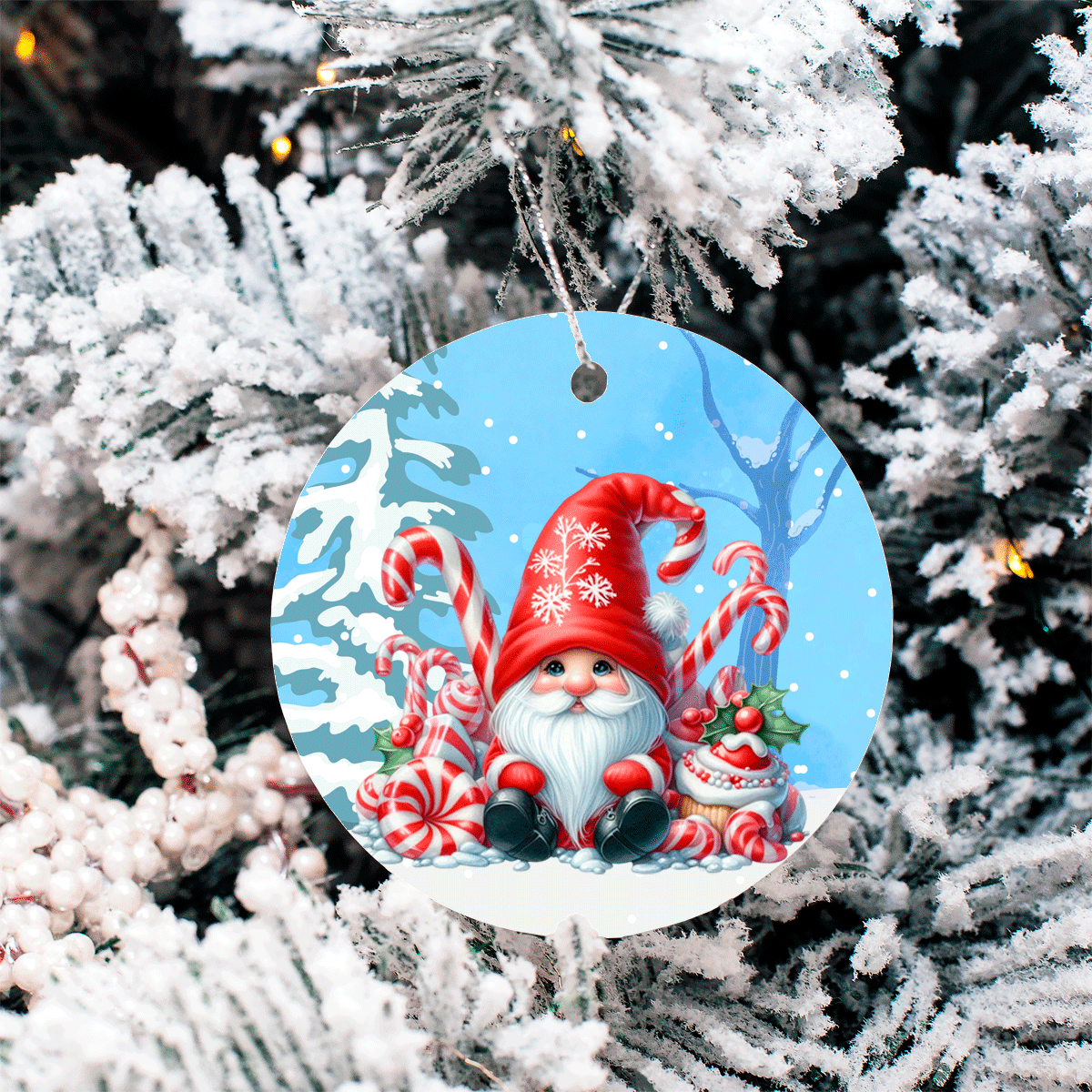 Christmas ornament with a gnome and candy cane design on a snowy background, hanging from a tree.
