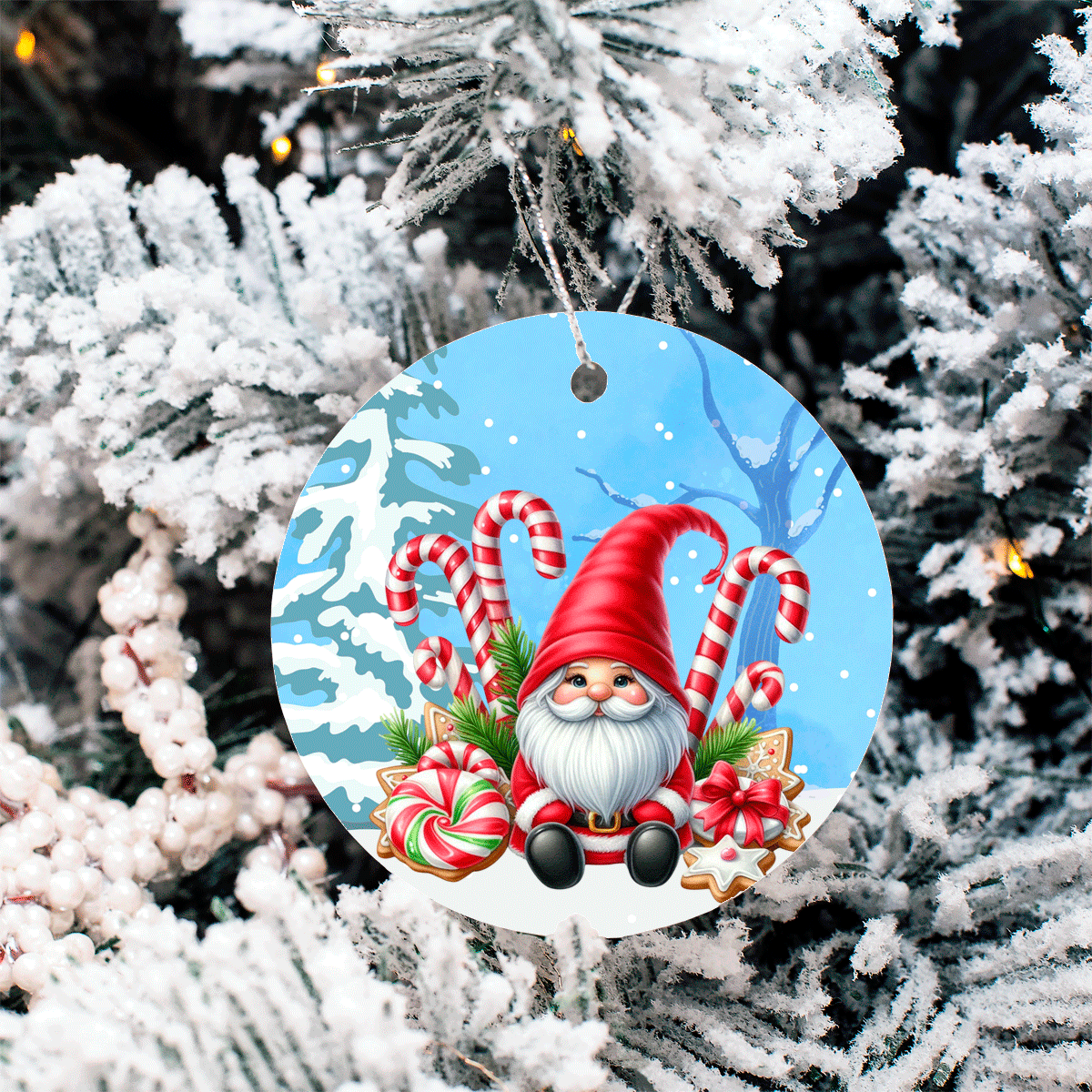 Decorative Christmas ornament with a gnome and candy canes on a snowy background, hanging from a tree.
