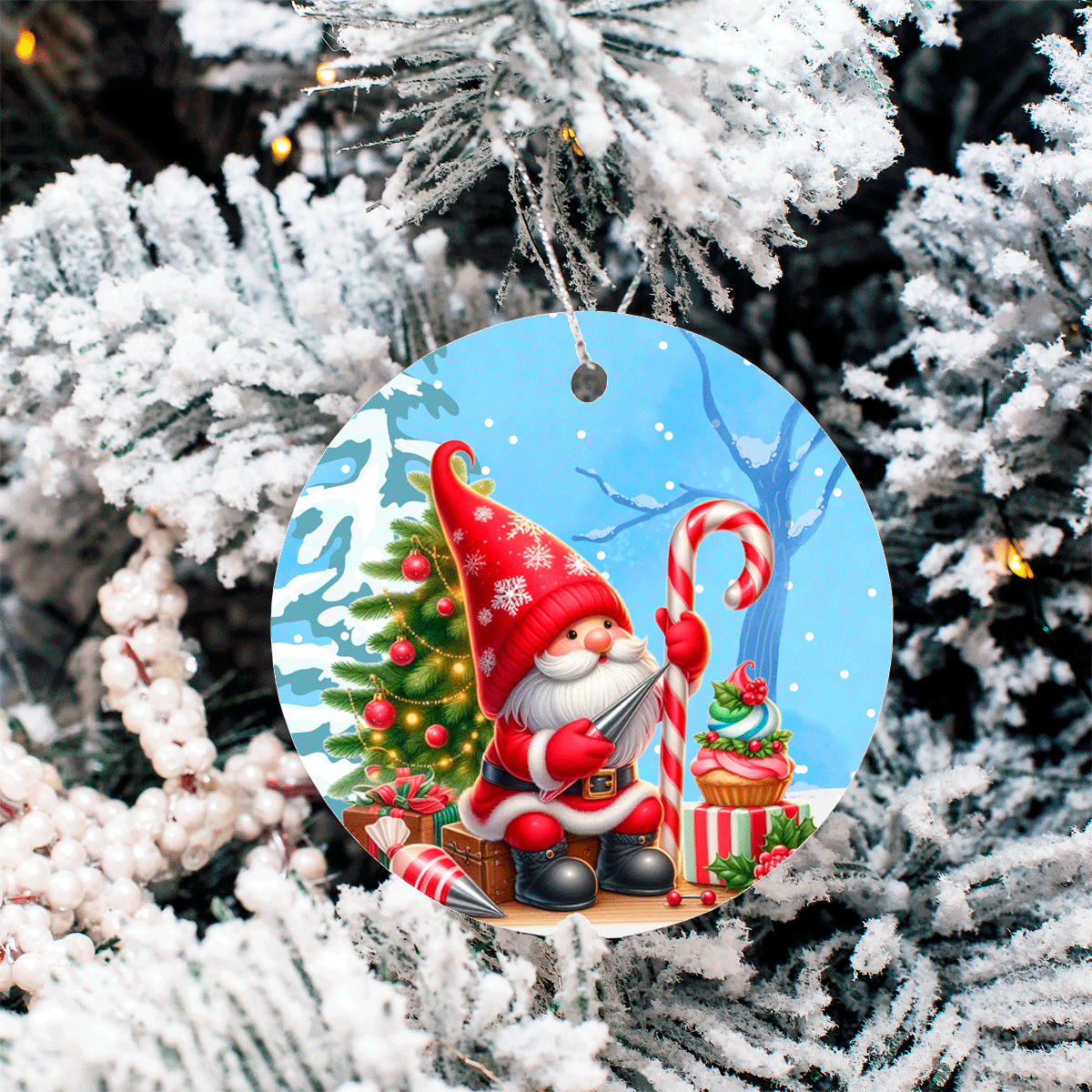 Decorative Christmas ornament with a gnome holding a candy cane and gift, hanging on a snow-covered tree.