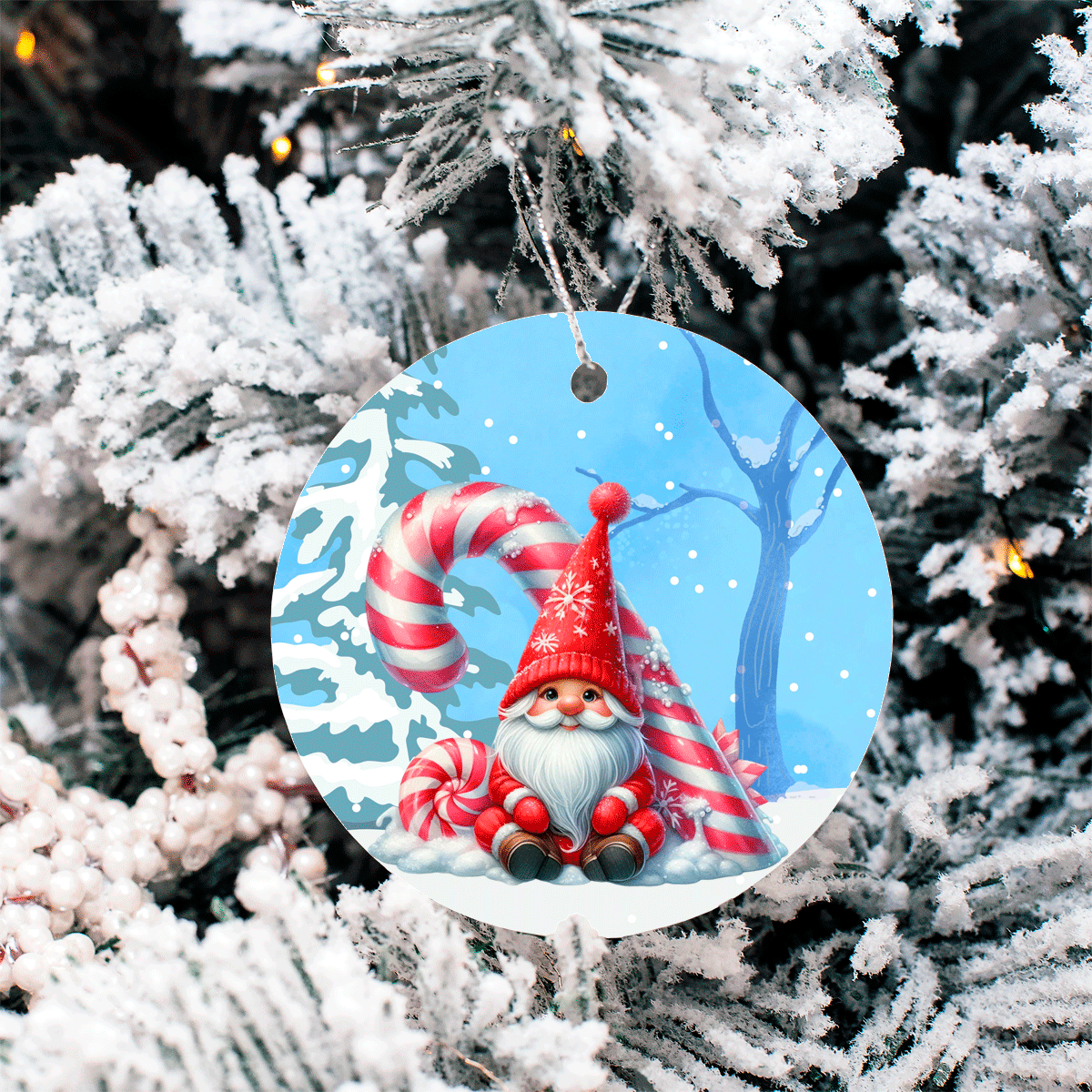 Christmas ornament with a gnome and candy cane design on a snowy background, hanging from a tree.