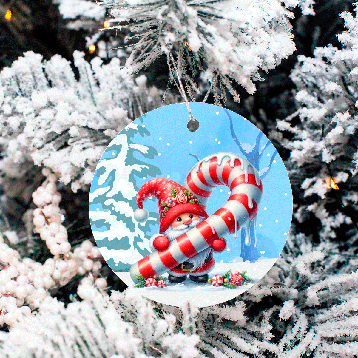 Candy Cane Santa Christmas Set 2 Sublimated Ceramic Ornament 3" Set Of 4