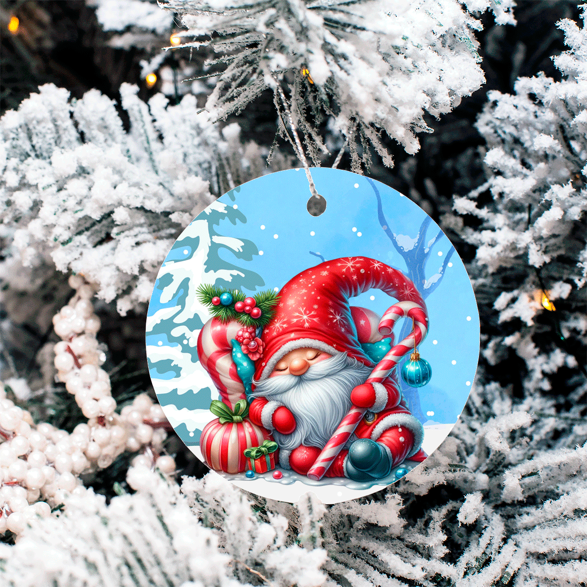 Candy Cane Santa Christmas Set 2 Sublimated Ceramic Ornament 3" Set Of 4