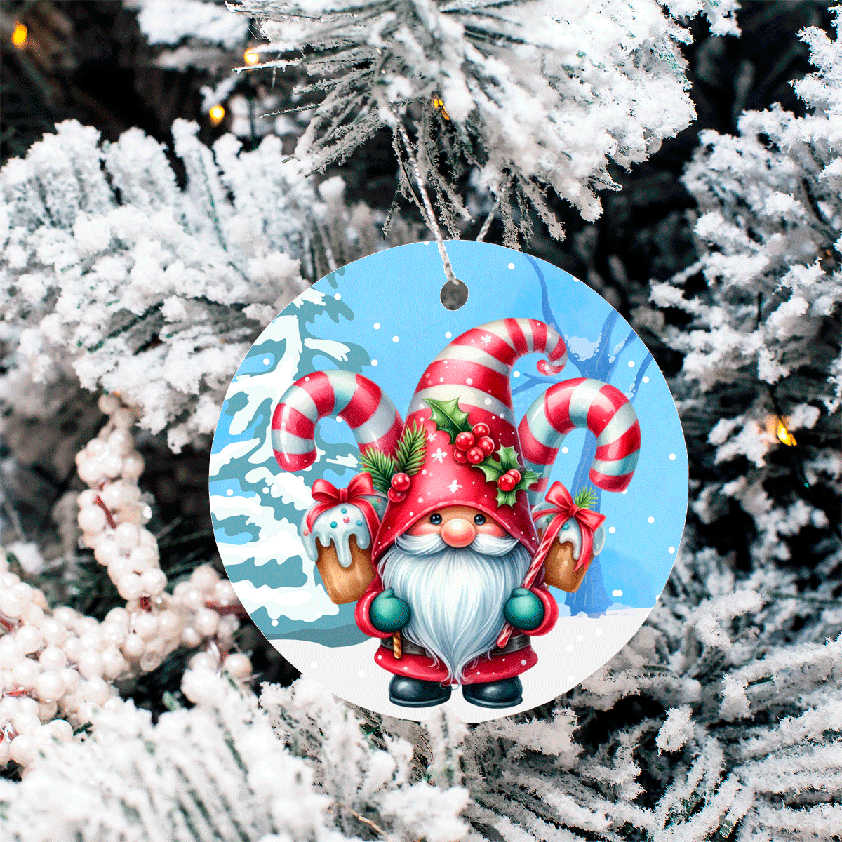 Candy Cane Santa Christmas Set 2 Sublimated Ceramic Ornament 3" Set Of 4