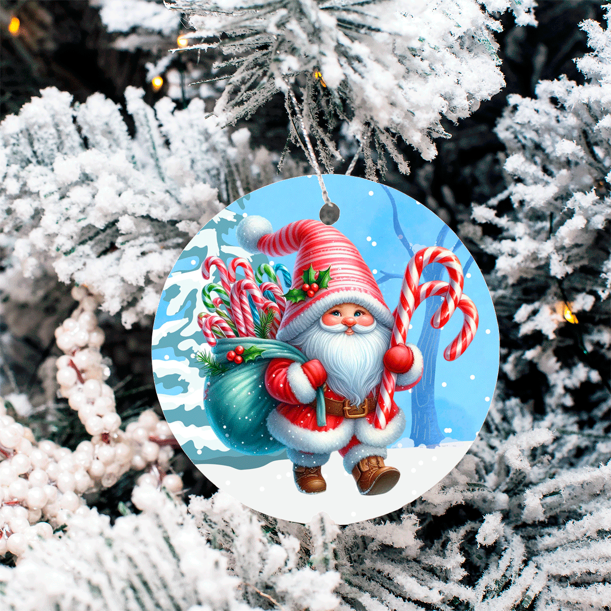 Candy Cane Santa Christmas Set 2 Sublimated Ceramic Ornament 3" Set Of 4