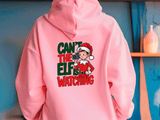 Pink hoodie with Christmas-themed design on a blue background