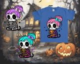 Blue t-shirt with a cartoon character design on a Halloween-themed background