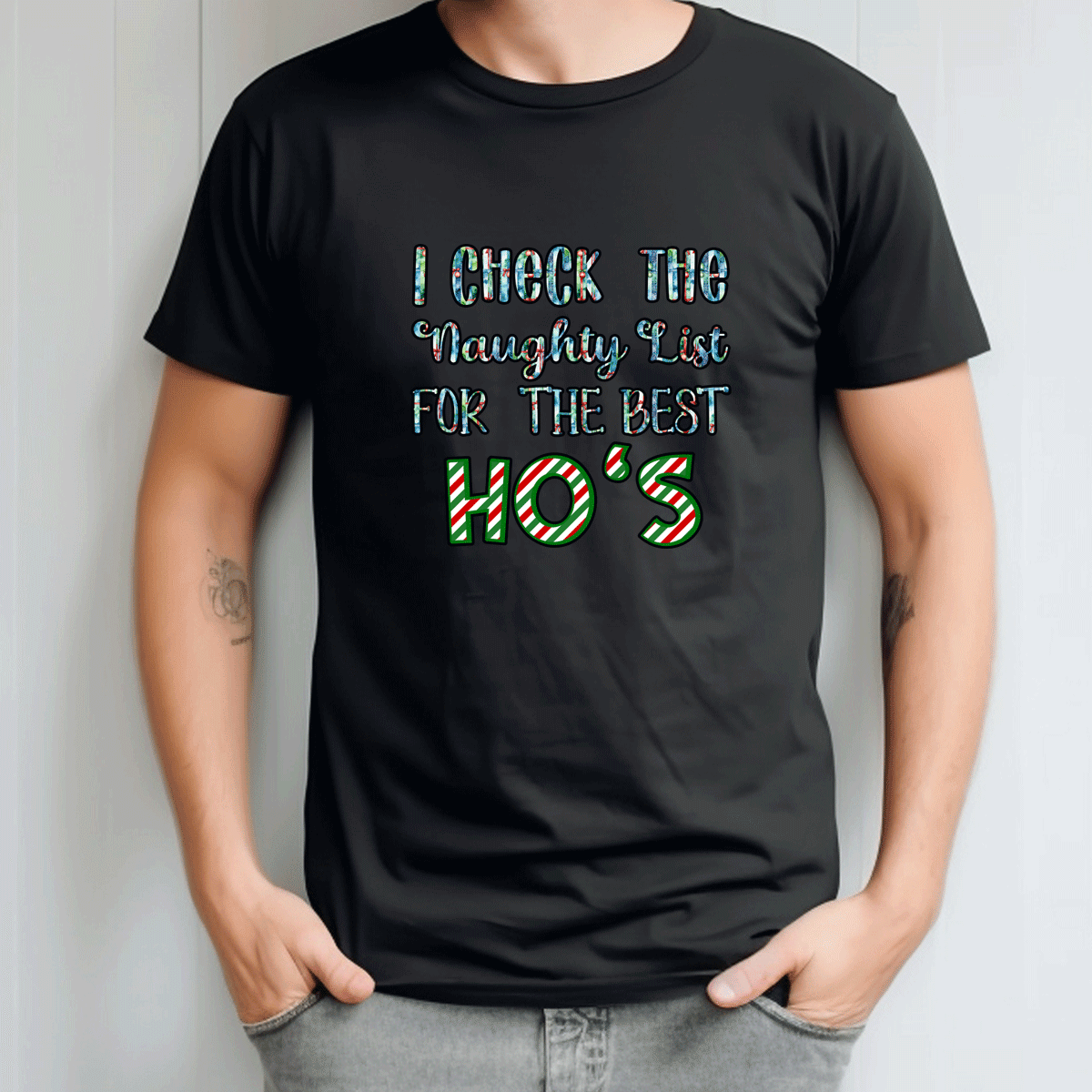 black tshirt with christmas graphic